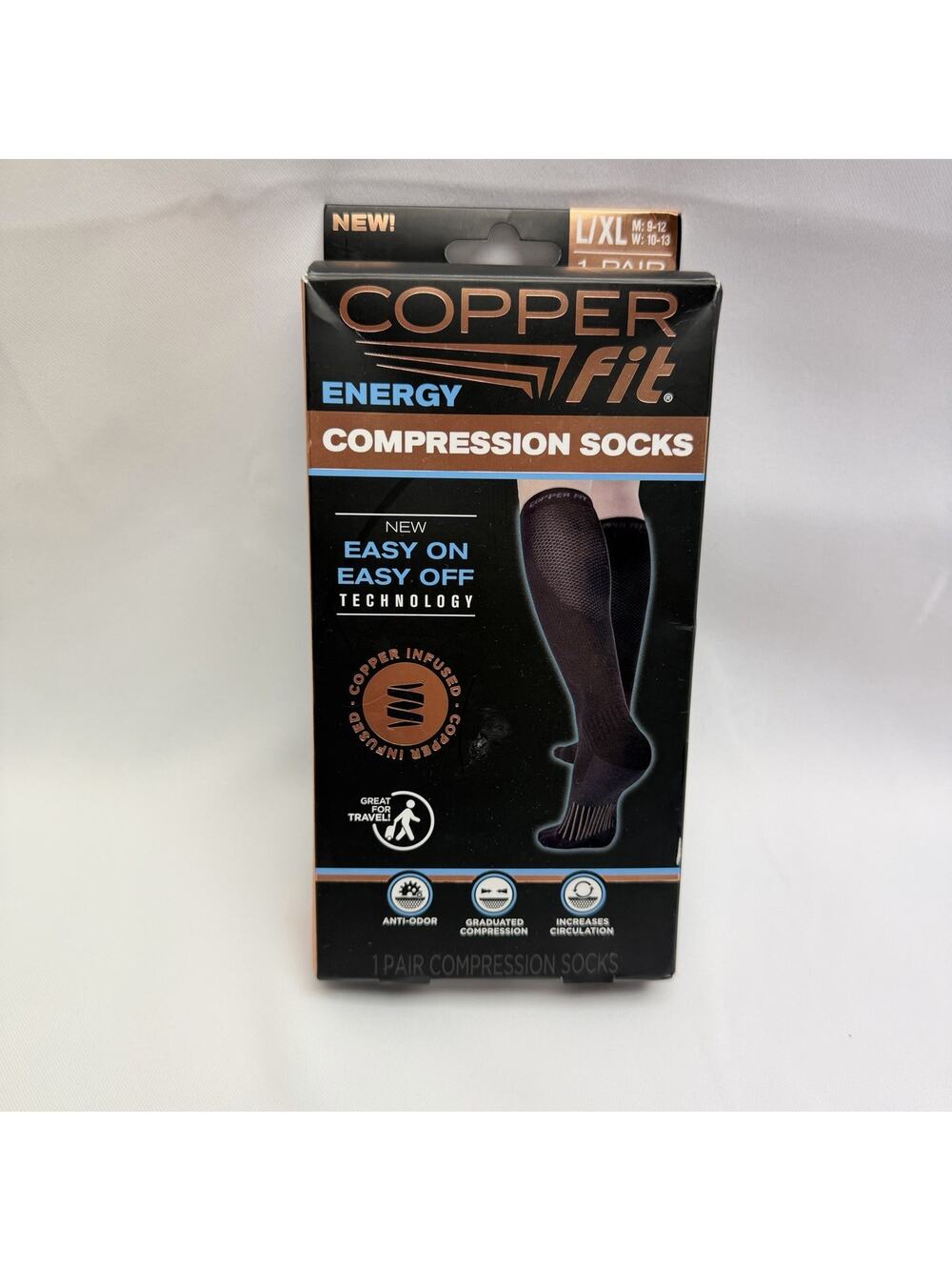 Copper Fit Compression Socks L/XL Knee High Copper Infused Travel Easy On Off